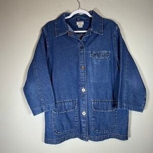 Vintage 90s Womens Denim Chore Coat Medium Wash Cotton Utility Jacket Blue P/L